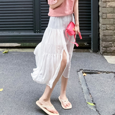 Jupe longue transparente à fente latérale pour femmes, mode coréenne