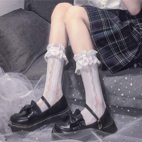 Weiße Lolita-Socken mit ausgehöhlter Spitze für Damen – Kawaiifashion