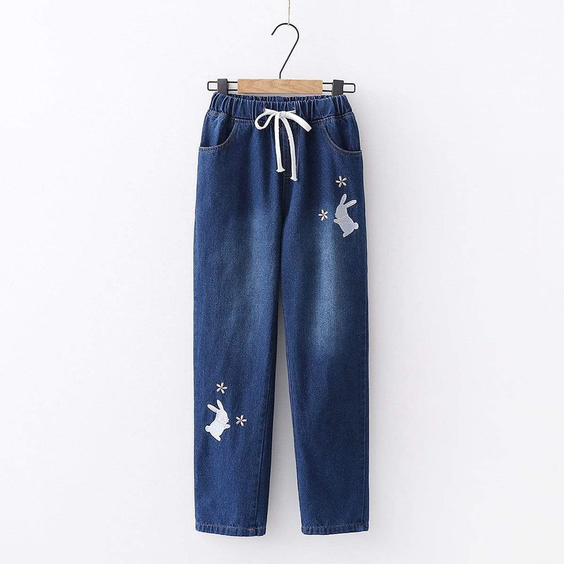 Women's Casual Rabbit Embroidered Elastic Straight Jeans – Kawaiifashion