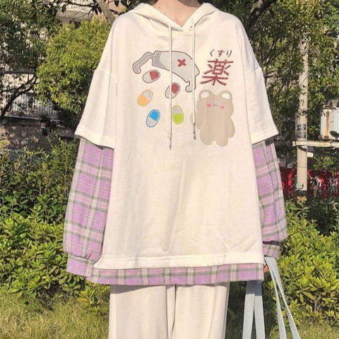 Kawaii-Bär-Kapuzenpullover für Damen mit geteilten karierten Hemden