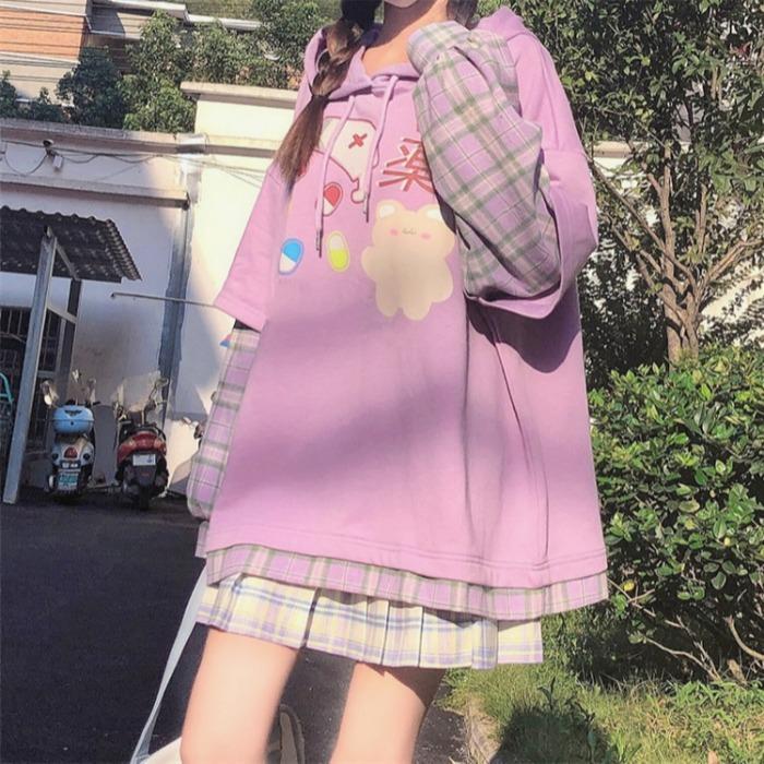 Women's Kawaii Bear Hoodies Spliting Plaid Shirts – Kawaiifashion