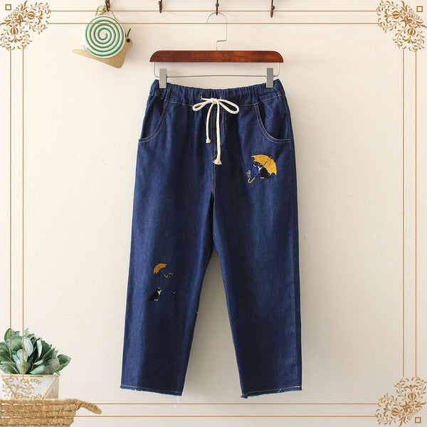 Women's Kawaii Little Cats Embroidered Jeans With Drawstring Elastic ...