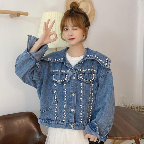 Women's Korean Fashion Peter Pan Collar Pearl Hem Denim Coats