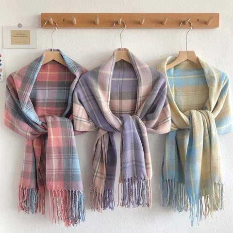 Kawaiifashion Women's Sweet Contrast Color Plaid Scarfs With Tassels