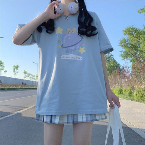 Lässiges T-Shirt mit Harajuku-Kawaii-Universum-Aufdruck für Damen