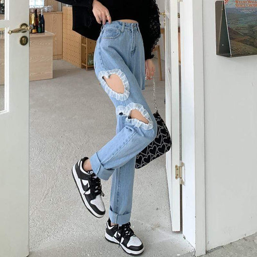 Kawaii Cutout Straight Denim Pants - Kawaii Fashion Shop