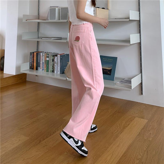 Women's Kawaii Peach Embroidered Pink Denim Pants – Kawaiifashion