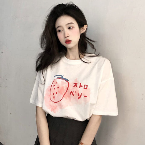 Lässiges Damen-T-Shirt mit Kawaii-Erdbeer-Aufdruck