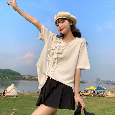 レディース韓国ファッションフラワーカジュアルTシャツ