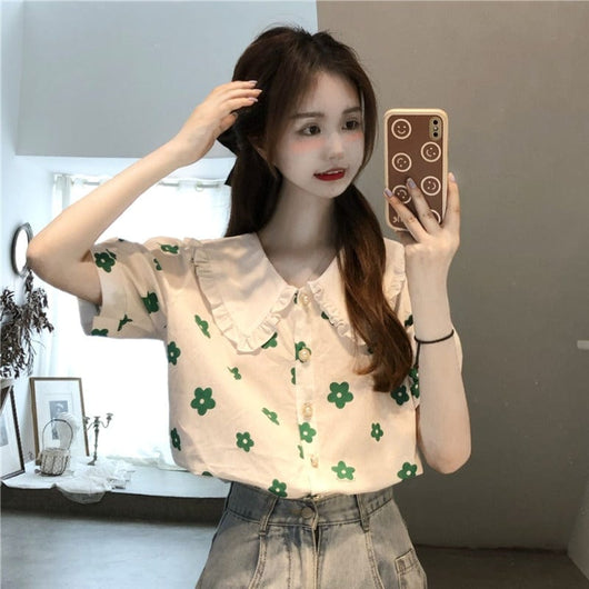 Women's Korean Floral Printed Peter Pan Collar Shirt – Kawaiifashion