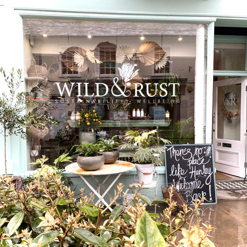 Outside of Wild & Rust sustainable gift shop in Henley-on-Thames with outside display of plants and flowers against blue wall