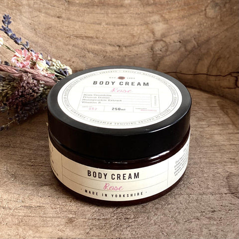 Fruits of Nature Rose body cream with a dried flower in our gift shop in Henley-on-Thames