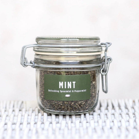 Sustainable loose-leaf mint tea in glass jar