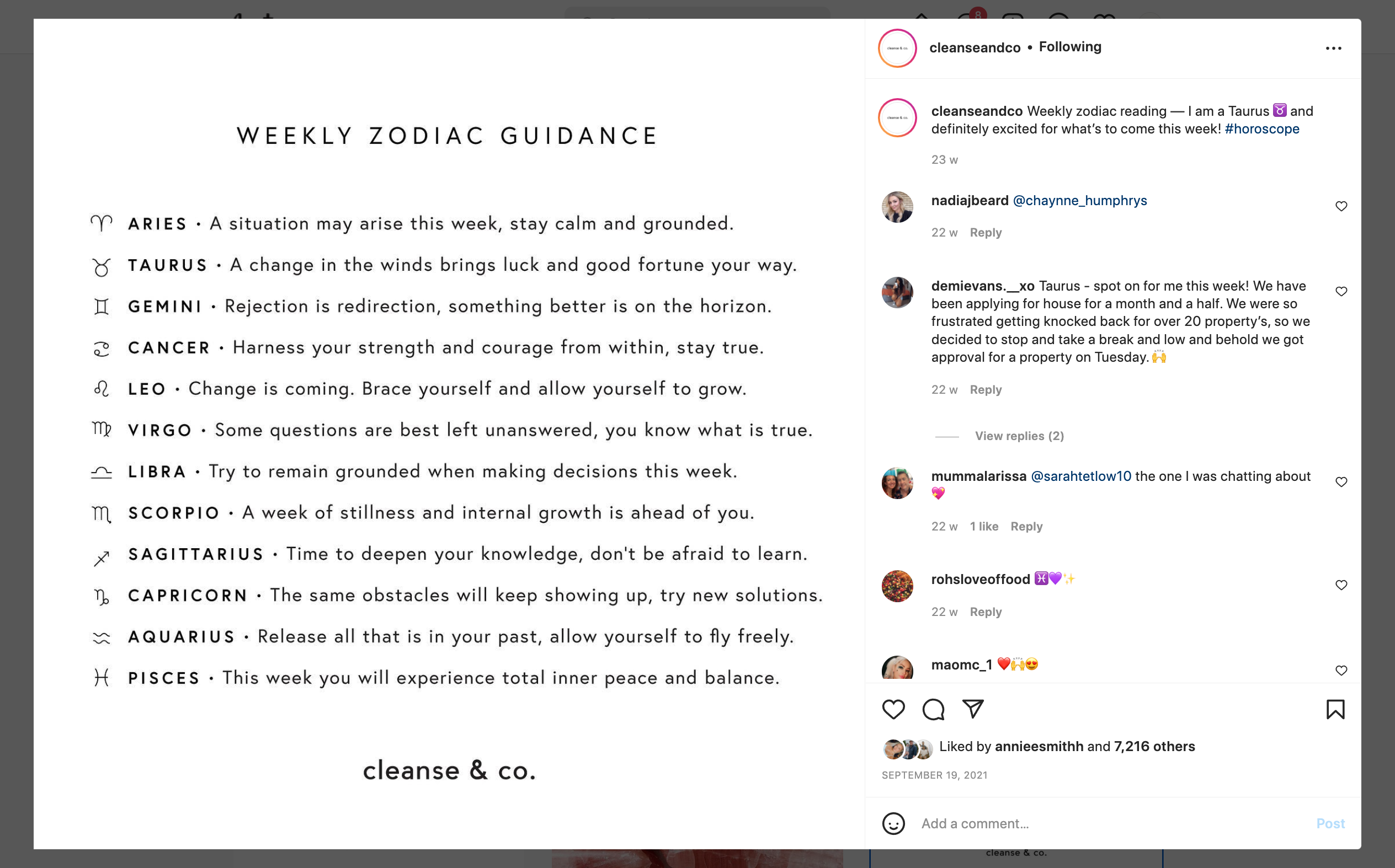 cleanse & co weekly zodiac horoscope instagram post