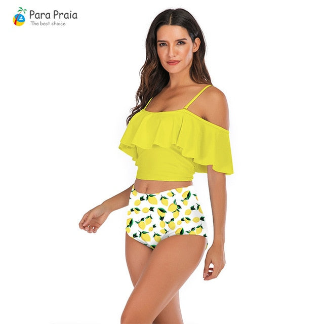 yellow off the shoulder swimsuit