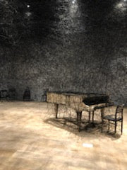 Art work of a piano by Chiharu at the Mori Art museum in Japan