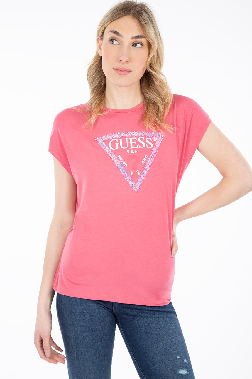 T-shirt logo Ã  paillettes fleurs | Guess eco | 2 couleurs