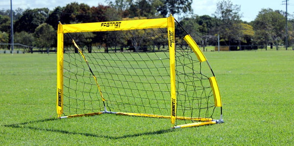 Fastnet Summit 3x5' goal on grass. Soccer goal for kis. The fastnet portable range of goals can be purchased here or at Big W. A great budget goal for home and kids. Soccer goal can be used on grass or turf or indoors