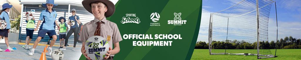 PE teacher with kids playing soccer. Sporting Schools and Football Austrlia approved products for PE Teachers, schools and Educational Associations. Kids playing sports in a school yard. Logos for Sporting Schools, Football Australia and SUMMIT