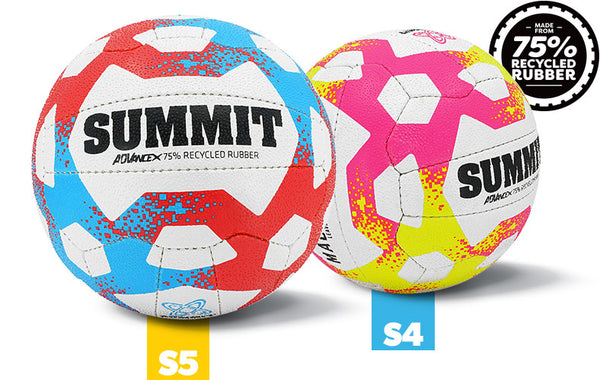 SUMMIT netball balls are the first to have 75% recycled rubber and compostable bags. Look for the 75% recycled mark to show which ball has this latest technology added.