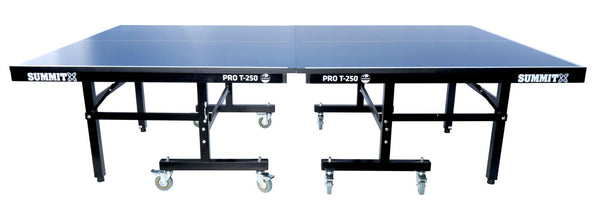 2 piece table tennis table. Photo shows a SUMMIT T-250 table in standard play mode. Each half if seperate and can be moved individually