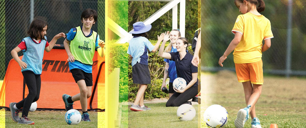 School kids playing sports on grassed grounds. Kids having fun playing sports with PE Teachers.