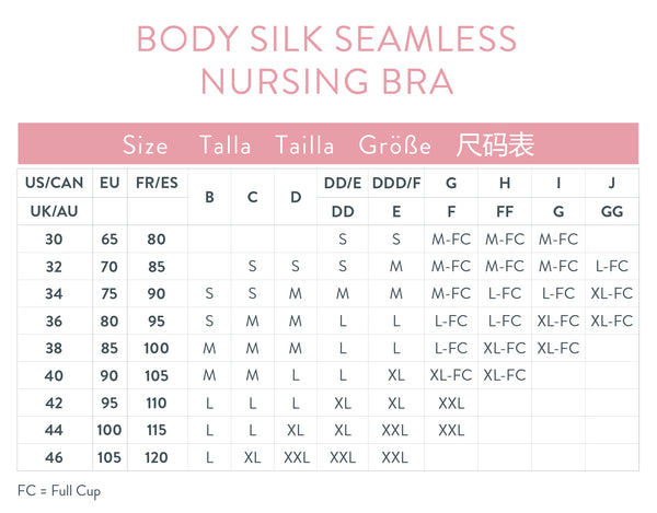 Bravado Body Silk Seamless nursing bra size chart