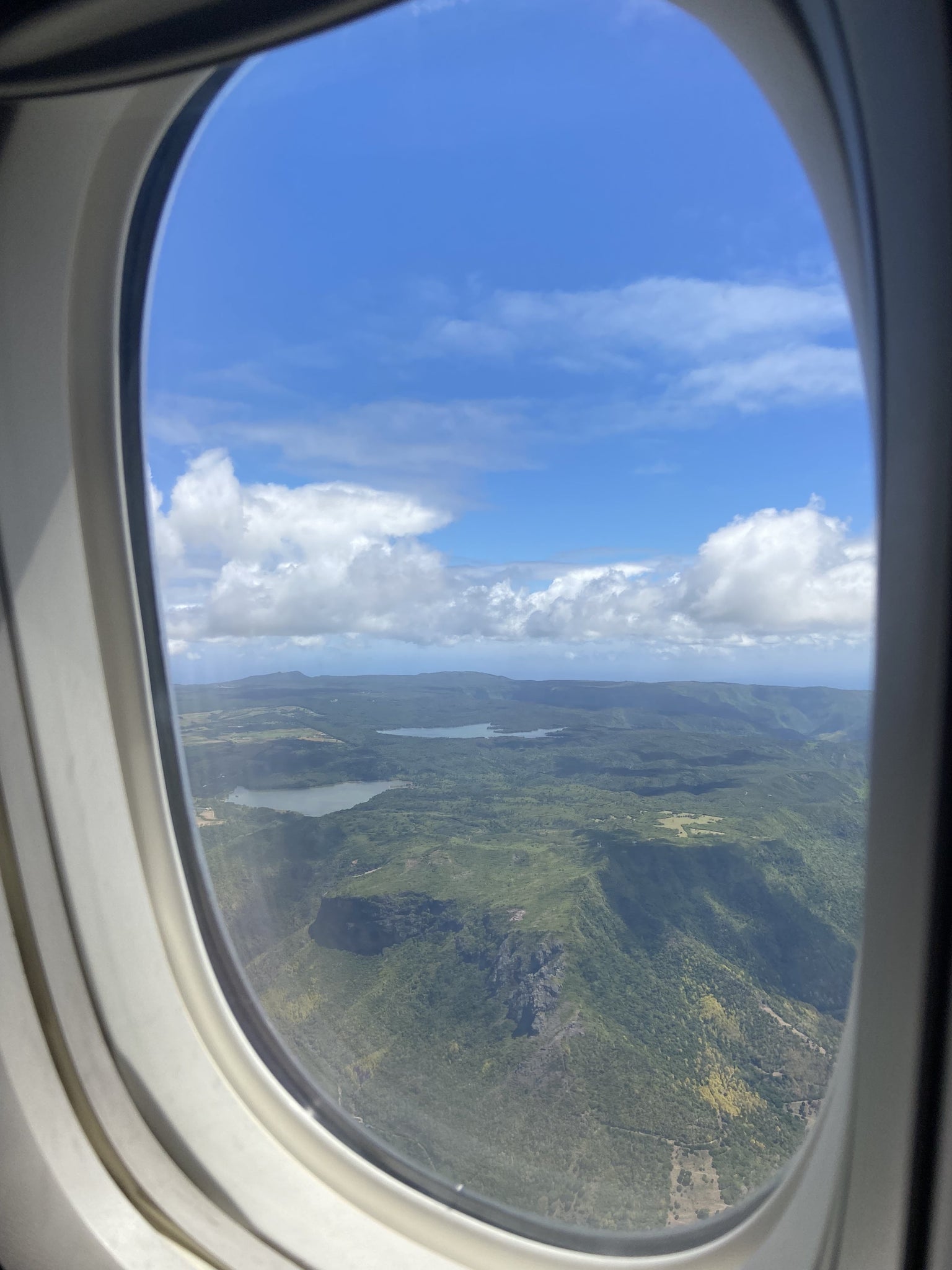 View of Mauritius from aeroplane window. 