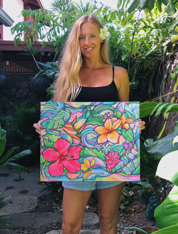 Girl holding tropical flower painting