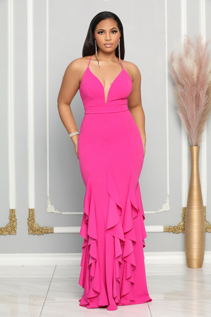 CASCADING RIBBONS BOTTOM OPEN BACK MAXI DRESS (HOT PINK) – Dress Code ...