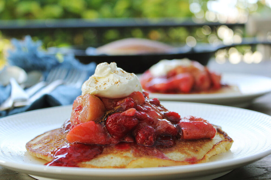 YEASTED RICE PANCAKES WITH STEWED FEIJOAS AND RASPBERRIES (GF) — The  Ironclad Pan Company