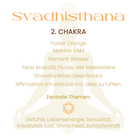 Sakralchakra Svadhisthana: Farbe, Mantra, Element, Tiere, Sinnesfunktion, Affirmation, zentrale Themen