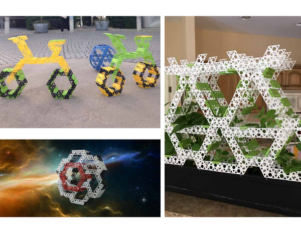 ALT Text: “A collage of three images of geometric Qubits sculptures in different settings.” Image Description: This is a collage of three images, each showcasing a unique geometric sculpture. The first image captures two sculptures made of yellow and blue Qubits and spheres, located in a courtyard at a television station in Florida. The second image presents a sculpture made of red and white Qubits, seemingly floating in space. The third image frames a sculpture made of white Qubits with green Qubits leaves growing on it, situated in a room.