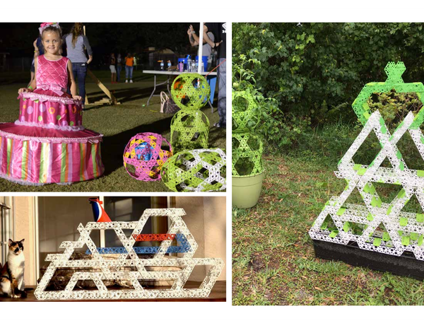 ALT Text: A collage of three images showing sculptures made from Qubits Building Pieces, including a pink cake-shaped sculpture with a girl sitting on top, a green frog and lizard sculpture, and a white pyramid sculpture with a red and blue bird on top. Image Description: This collage consists of three images that showcase the creative use of Qubits Building Pieces in art. The first image features a pink cake-shaped sculpture, complete with a girl sitting on top, bringing a whimsical charm to the piece. The second image presents a green frog and a green lizard sculpture, demonstrating the versatility of Qubits Building Pieces in capturing the essence of nature. The third image displays a white pyramid sculpture adorned with a red and blue bird perched on top, adding a touch of color to the monochromatic structure. All sculptures appear to be ingeniously crafted from Qubits Building Pieces.