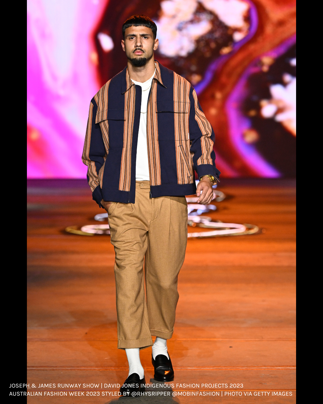 Etymology footwear as seen at Australian Afterpay Fashion Week 2023 with Joseph & James on the David Jones Indigenous Fashion Projects runway.