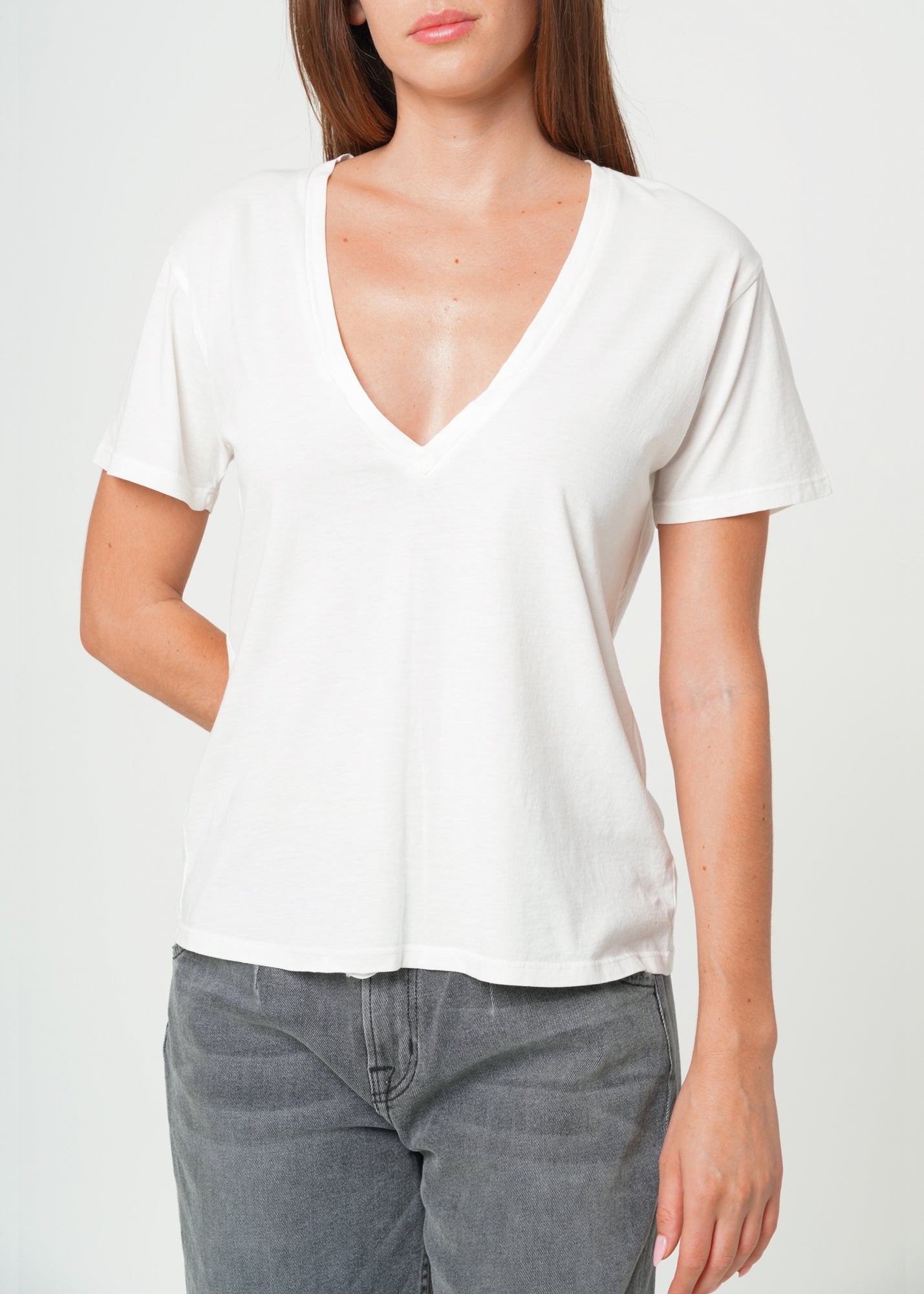 Fitted Deep V Neck T Shirt - White