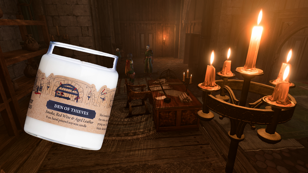 Baldur's Gate Guildhall screenshot with Den of Thieves 9 oz. candle imposed in front.
