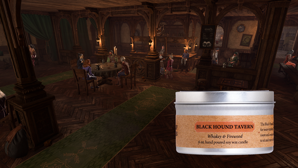 Screenshot of the Elfsong Tavern from Baldur's Gate 3 with Black Hound Tavern Candle in the forground