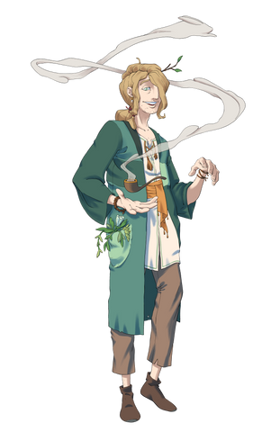 Clover wears a draping green jacket with brown pants. They hold a pipe in their hands which blows out a plume of bunny shaped smoke