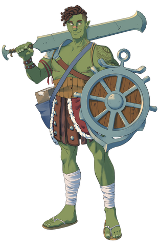 Jonah a half orc fighter holds a nautical themed sheild and and sword with a bag of packages as his side.