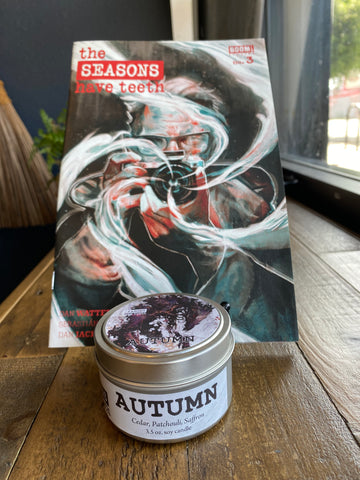 Season's Have Teeth Autumn comic book with accompanying Autumn Cantrip Candle
