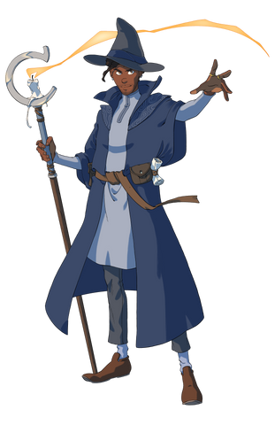 Mr. Cantrip of Cantrip Candles wearing a blue robe, silver shirt, and weilding a "C" shaped staff with candle in the middle.