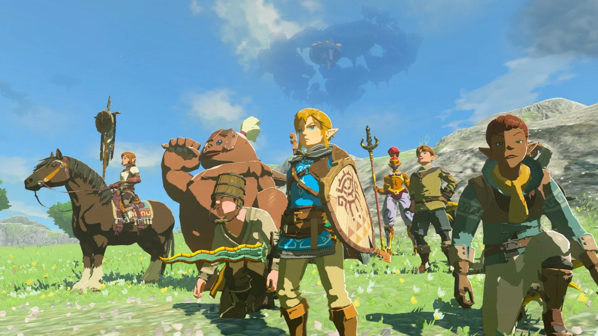 Link and friends standing in Hyrule field.