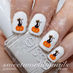 Halloween Nail Art Black Cat Sitting On Halloween Pumpkin Decals