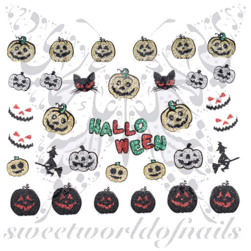 Halloween Nail Art Glittery Stickers Pumpkin Witch Cat Nail Stickers
