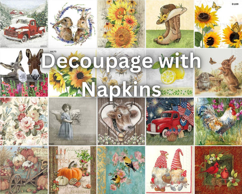 Collage of decorative Napkins featureing flowers, yellow boots, gnomes and red truck
