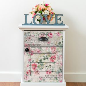 White Dresser with Floral Decoupage Tissue Paper and a LOVE wood sign