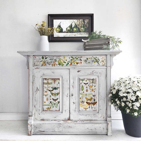 Gray dresser with Bug Whisperer Middy Furniture Transfers applies