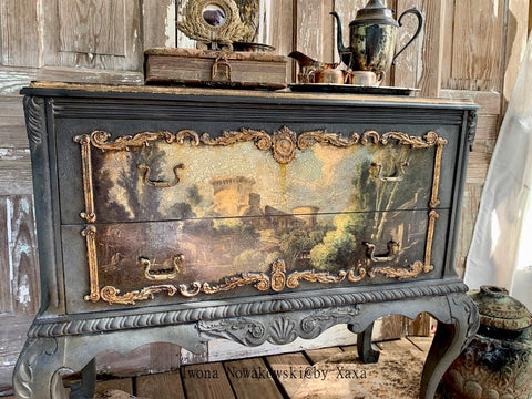 Gray dresser with Ancient Finding furniture Moulding and painted surface