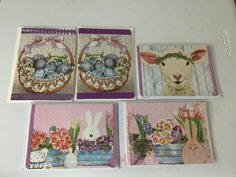 Sheep and Easter patterns of handmade greeting cards made with decoupage napkins.